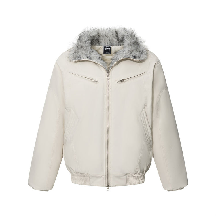 Men's Winter Padded Bomber Jacket with Two-Way Zipper and Faux Fur Collar