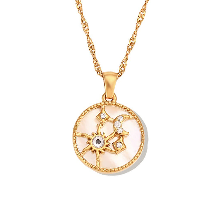 Sun, Moon & Stars Round Pendant Necklace – Stainless Steel