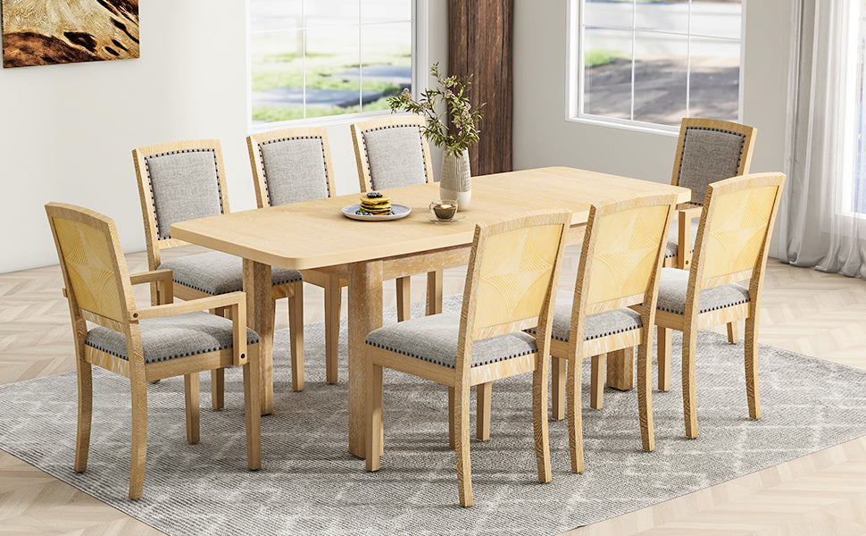 TOPMAX Extendable 84" Dining Table Set with 8 Upholstered Chairs, 9-Piece, Beige Brown