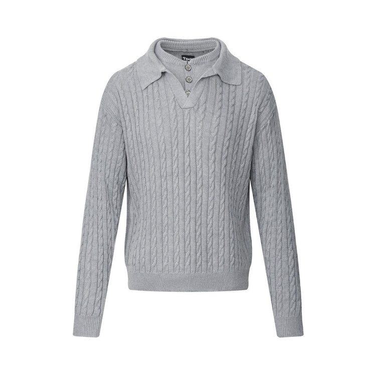 Men's Streetwear Vibe Solid Color Cable Knit Long Sleeve Lapel Collar Pullover Sweater