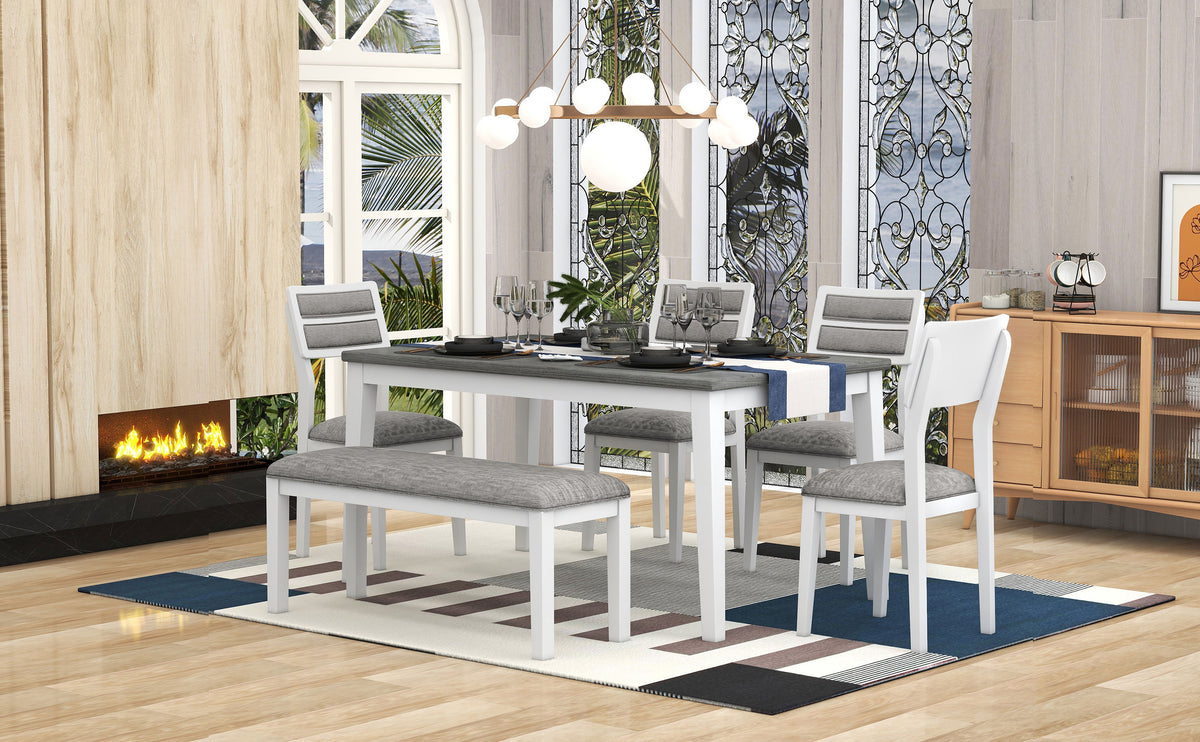 TREXM 6-Piece Dining Set with Table, 4 Chairs & Bench, White & Gray