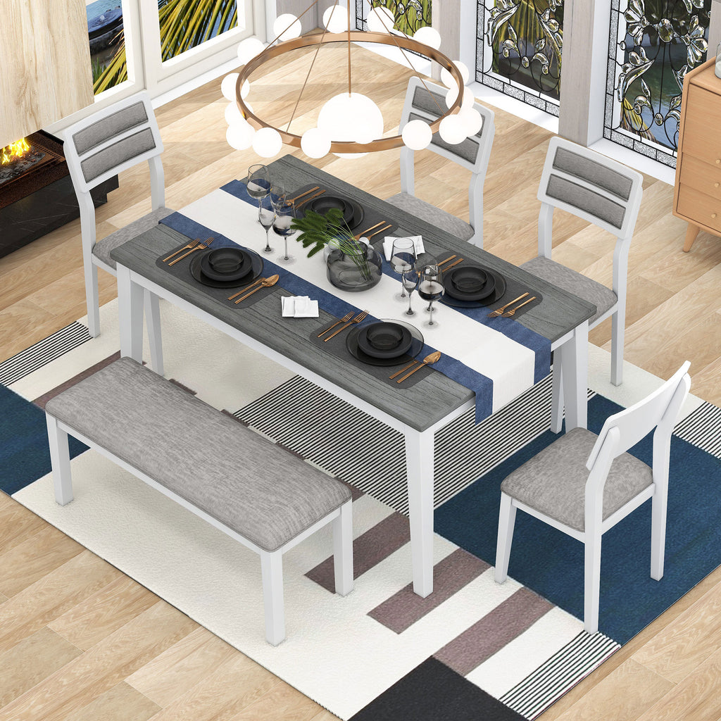 TREXM 6-Piece Dining Set with Table, 4 Chairs & Bench, White & Gray