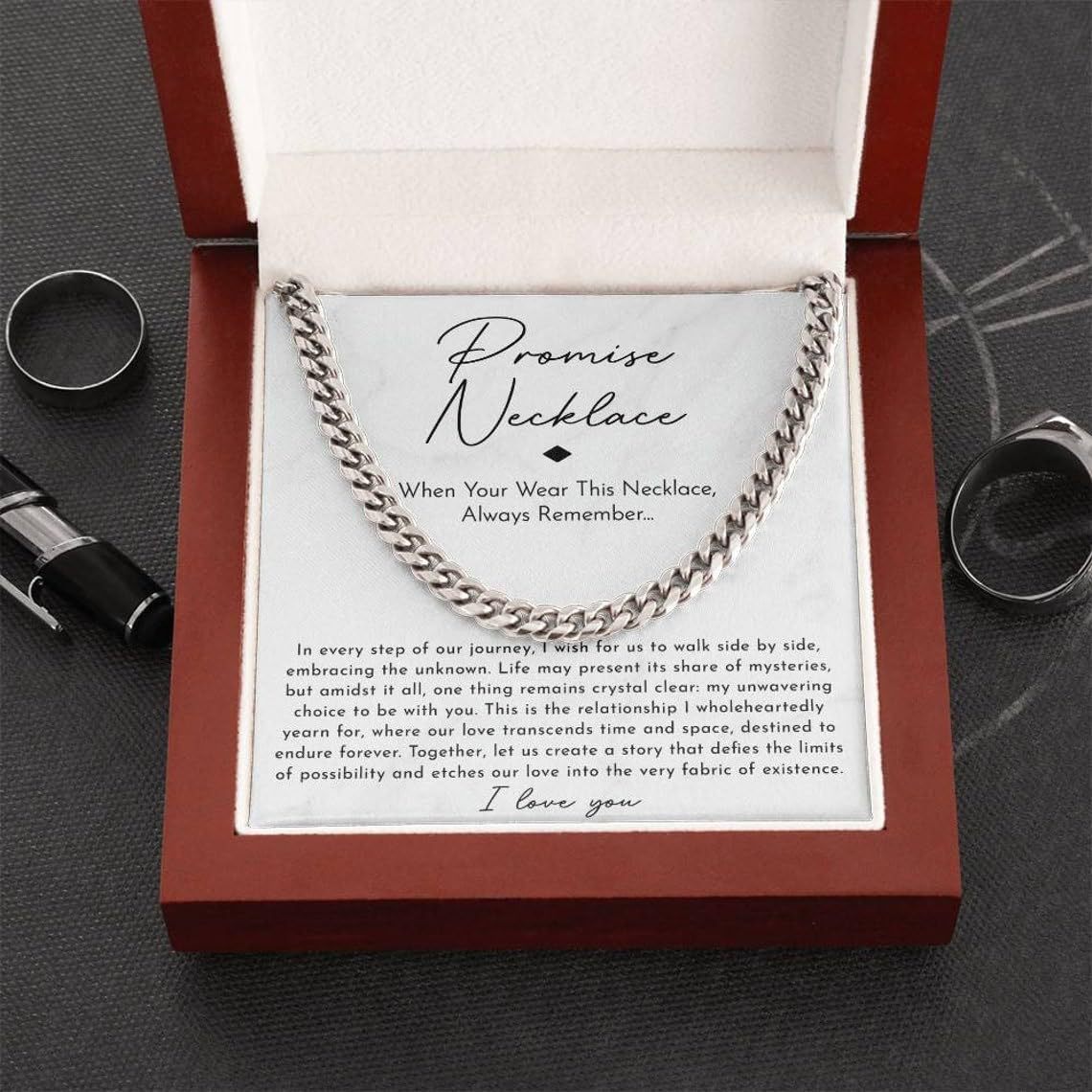 Stainless Steel Cuban Chain Necklace with Wooden Box & Card