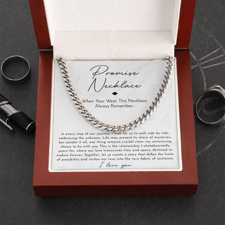 Stainless Steel Cuban Chain Necklace with Wooden Box & Card