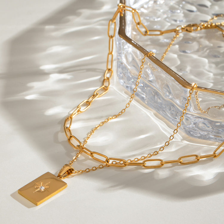 Star & Square Double-Layer Necklace – Gold-Tone Stainless Steel