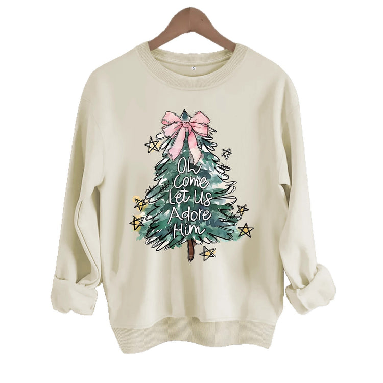 Women's Christmas Tree Print Round-Neck Pullover