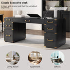 70 inch classic and traditional executive desk with metal trim, writing desk with 2 file drawers, USB ports, and sockets, black