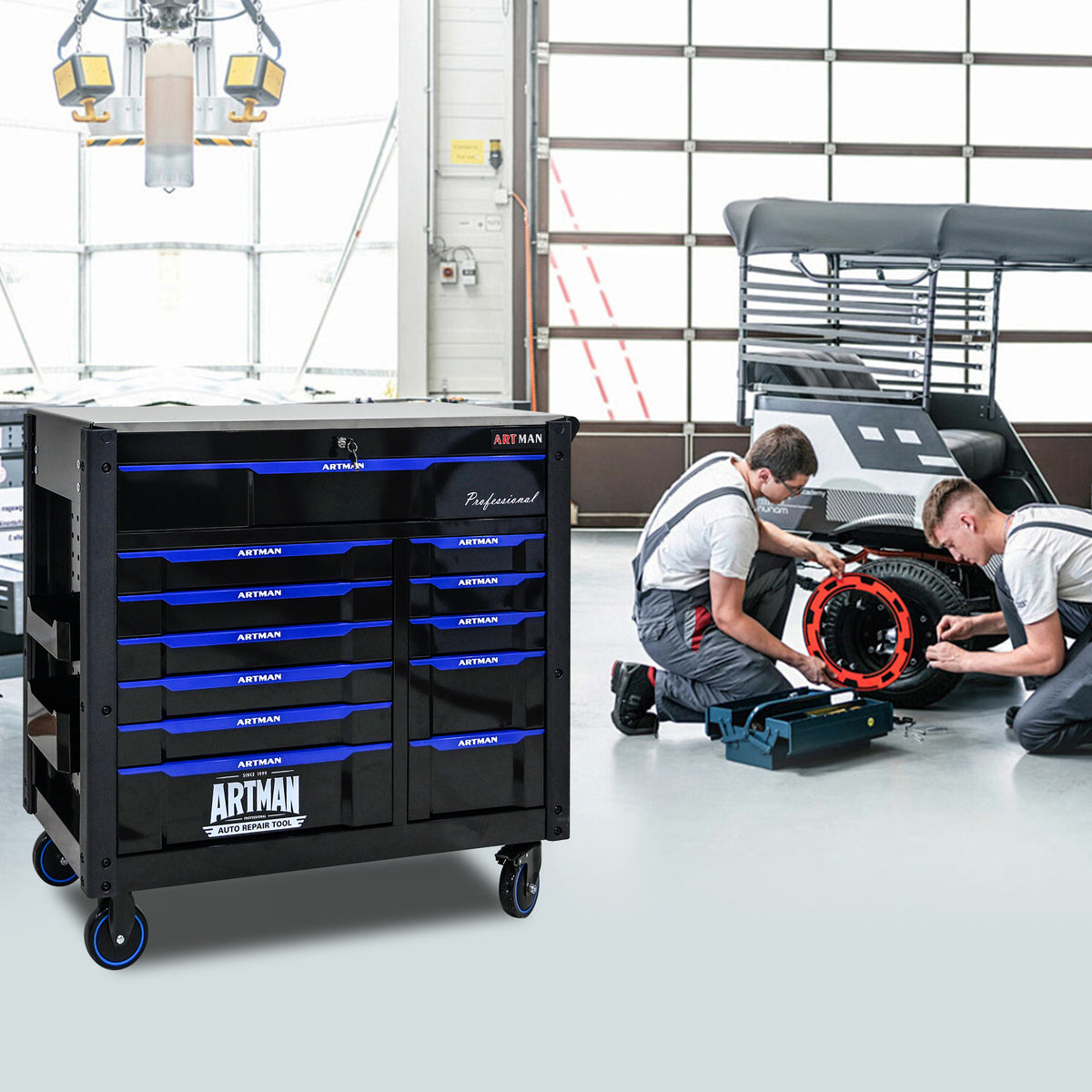 ARTMAN 12-Drawer Rolling Tool Cabinet with Iron Top, Black & Blue
