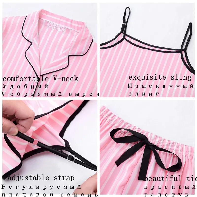 Women's 7-Piece Faux-Silk Striped Pajama Set