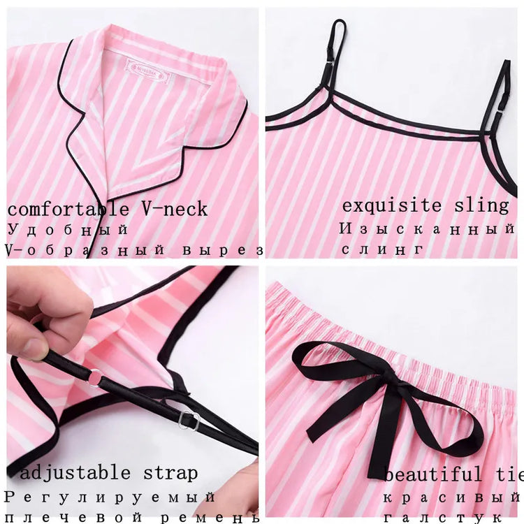 Women's 7-Piece Faux-Silk Striped Pajama Set