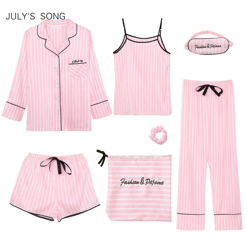 Women's 7-Piece Faux-Silk Striped Pajama Set