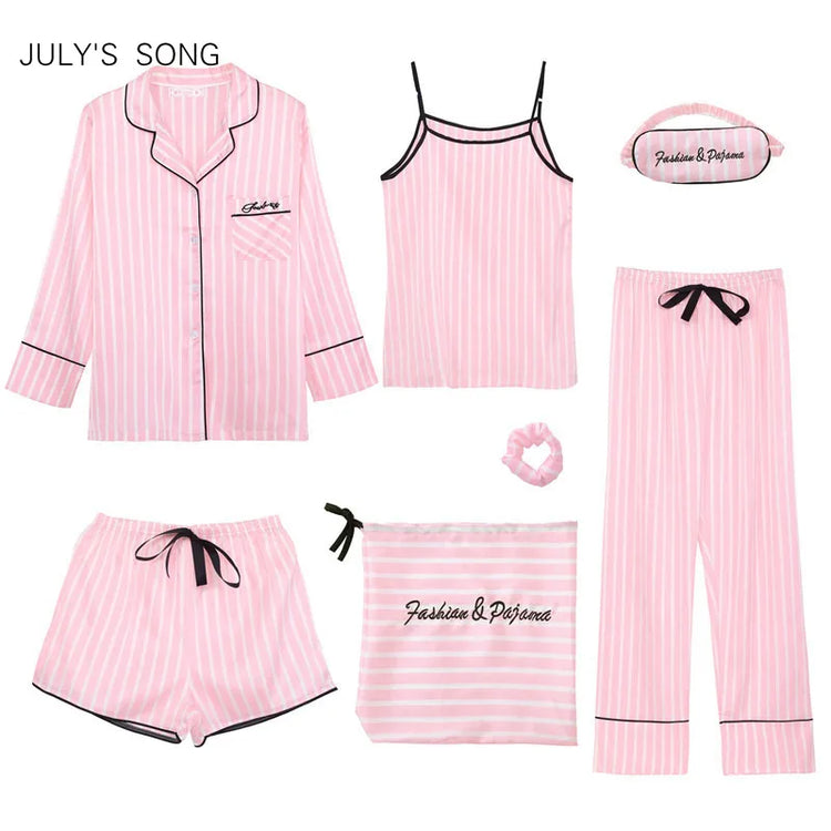 Women's 7-Piece Faux-Silk Striped Pajama Set