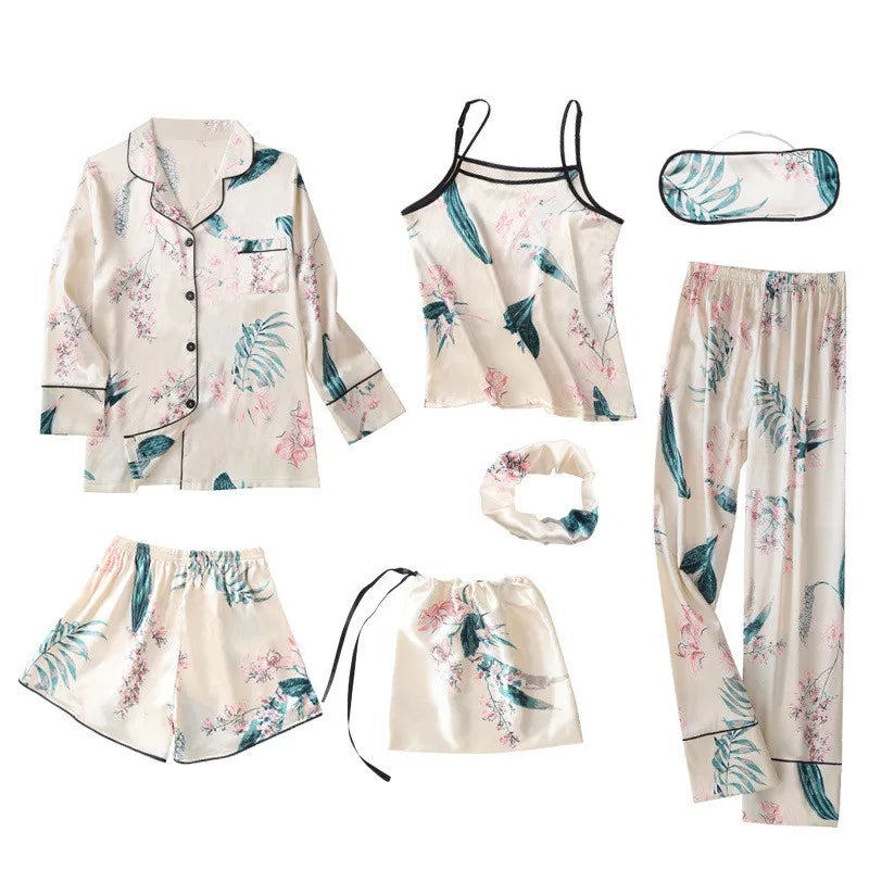 Women's 7-Piece Faux-Silk Striped Pajama Set