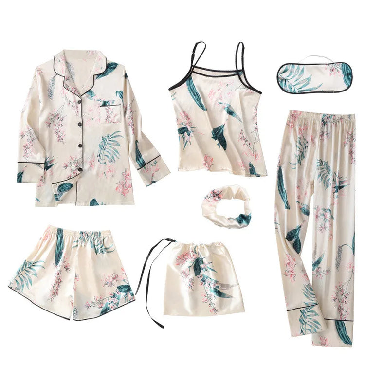 Women's 7-Piece Faux-Silk Striped Pajama Set