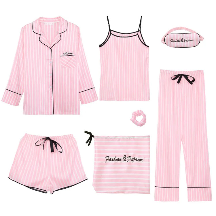Women's 7-Piece Faux-Silk Striped Pajama Set