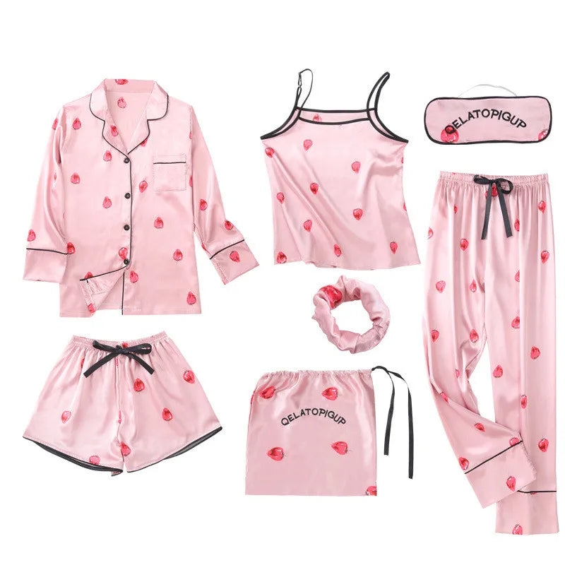 Women's 7-Piece Faux-Silk Striped Pajama Set