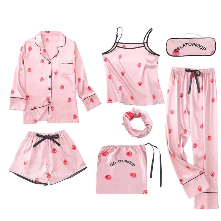 Women's 7-Piece Faux-Silk Striped Pajama Set